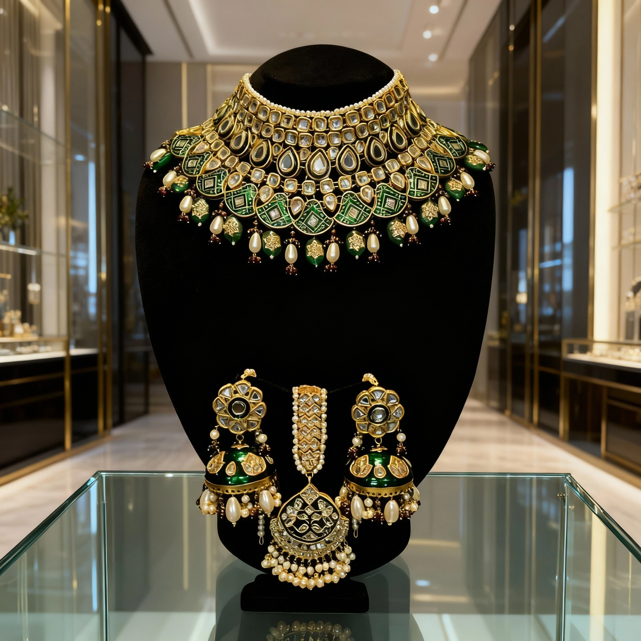 15 Emerald Pearl Kundan Royal Bridal Choker Set - Image 1