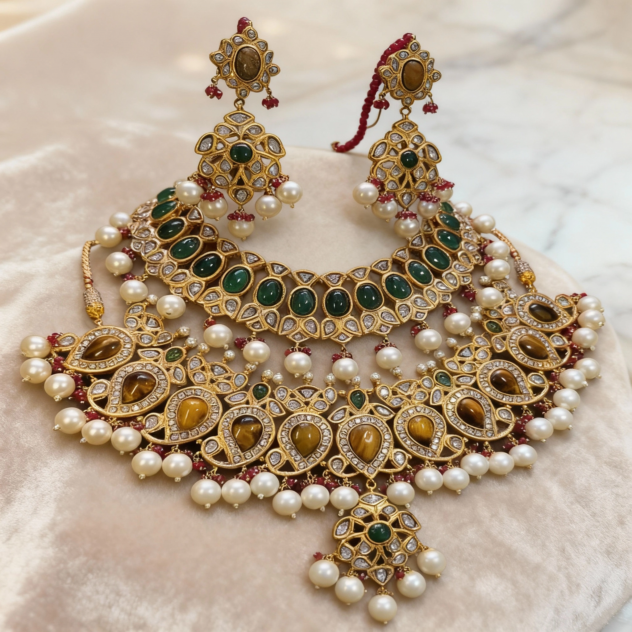 16 Emerald Pearl Kundan Royal Bridal Necklace Set - Image 1