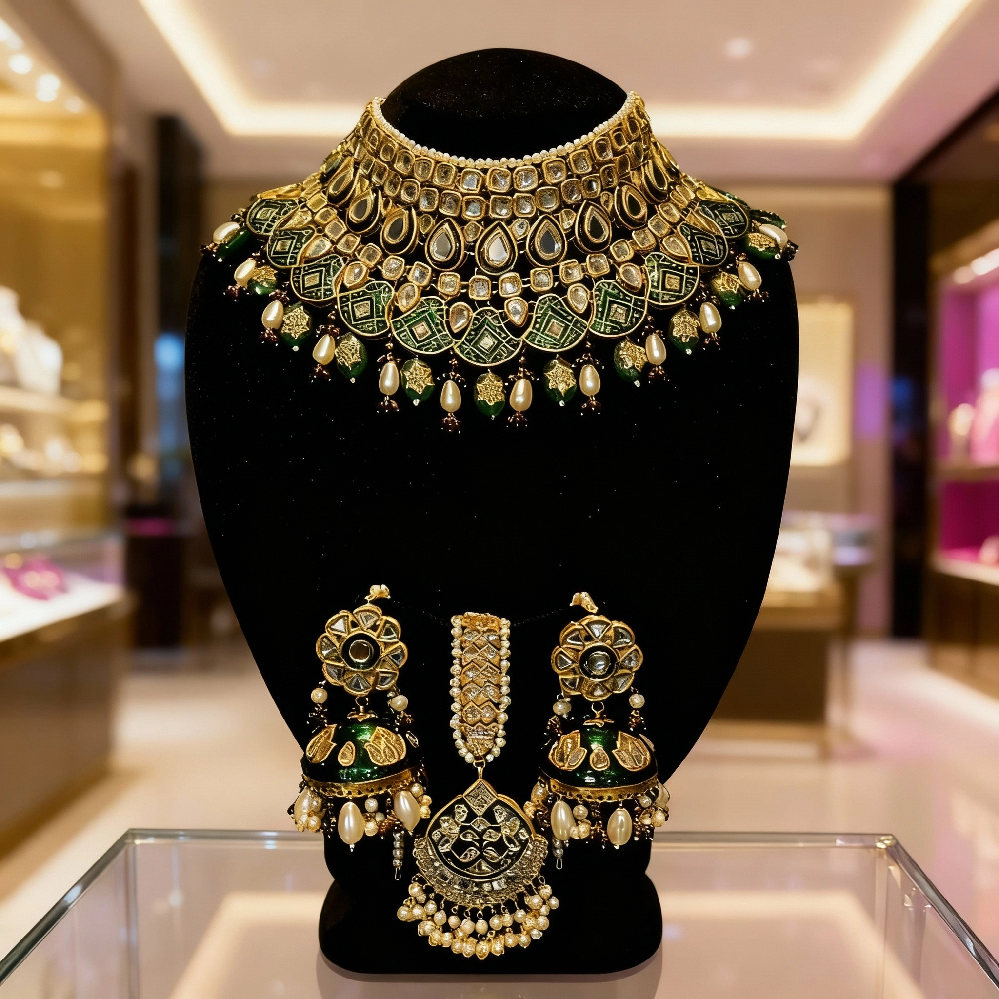 21-4 Emerald Heritage Kundan Royal Bridal Choker Set - Image 1