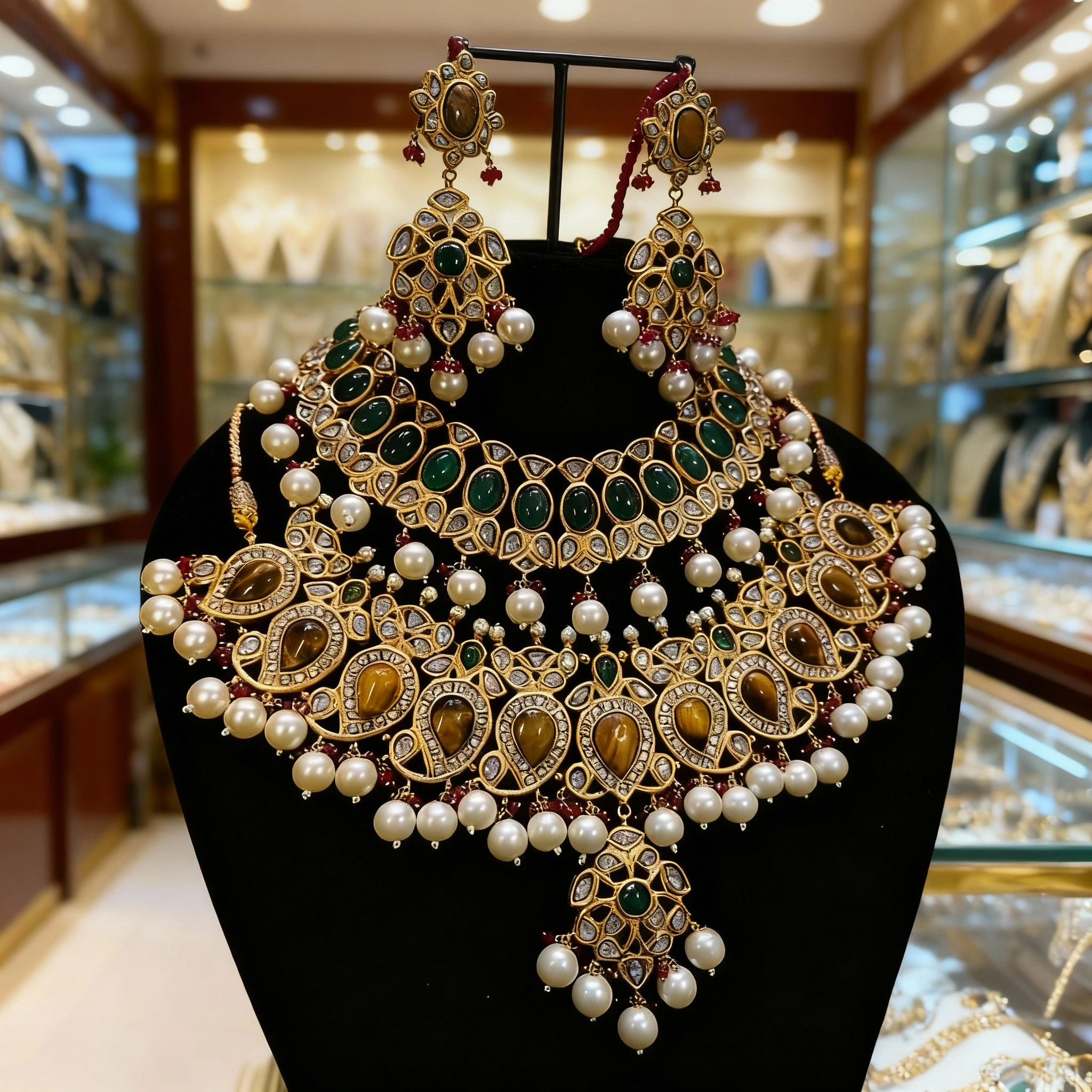 23 Emerald Pearl Kundan Regal Bridal Necklace Set - Image 1
