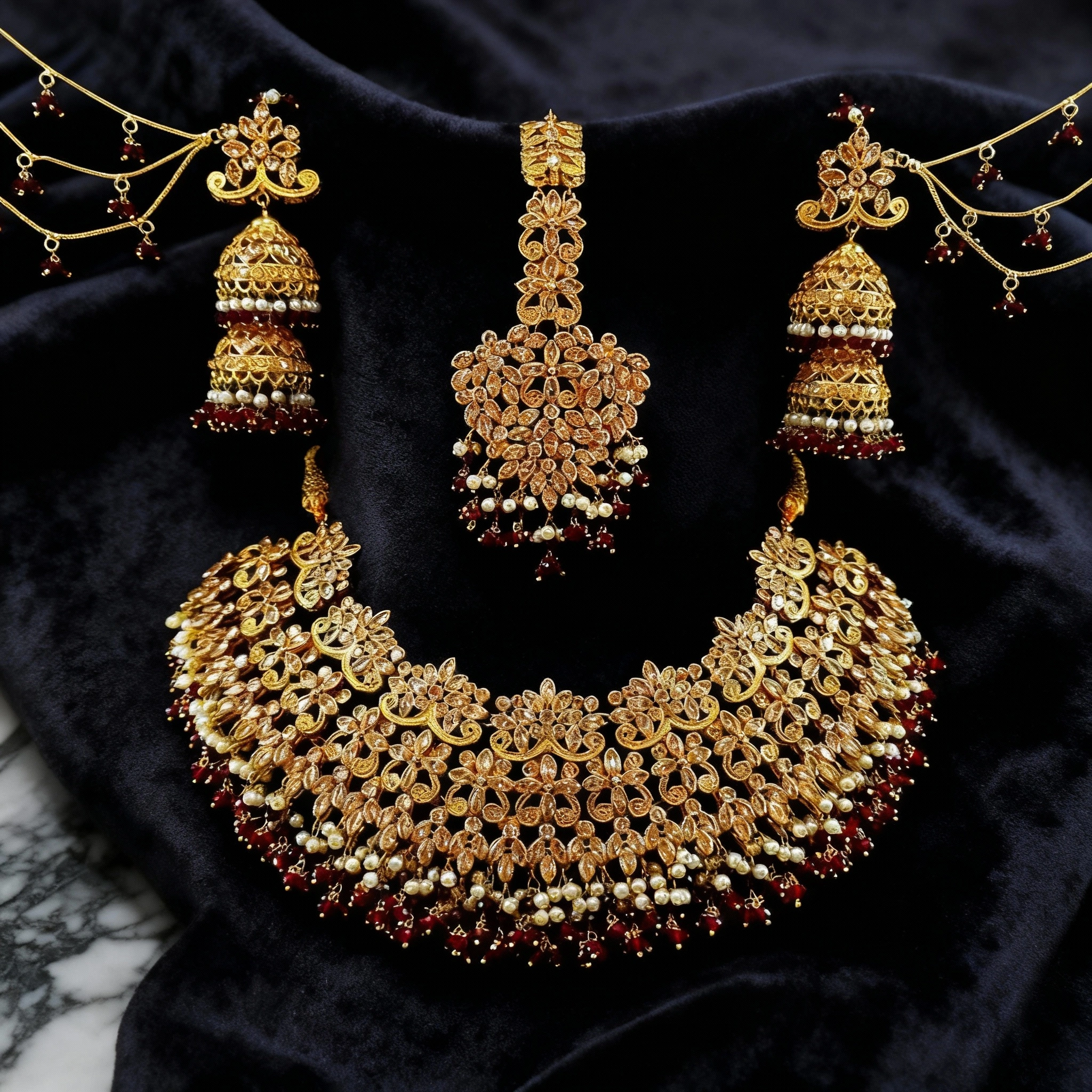 4 Mughal Floral Heavy Bridal Necklace Set - Image 1