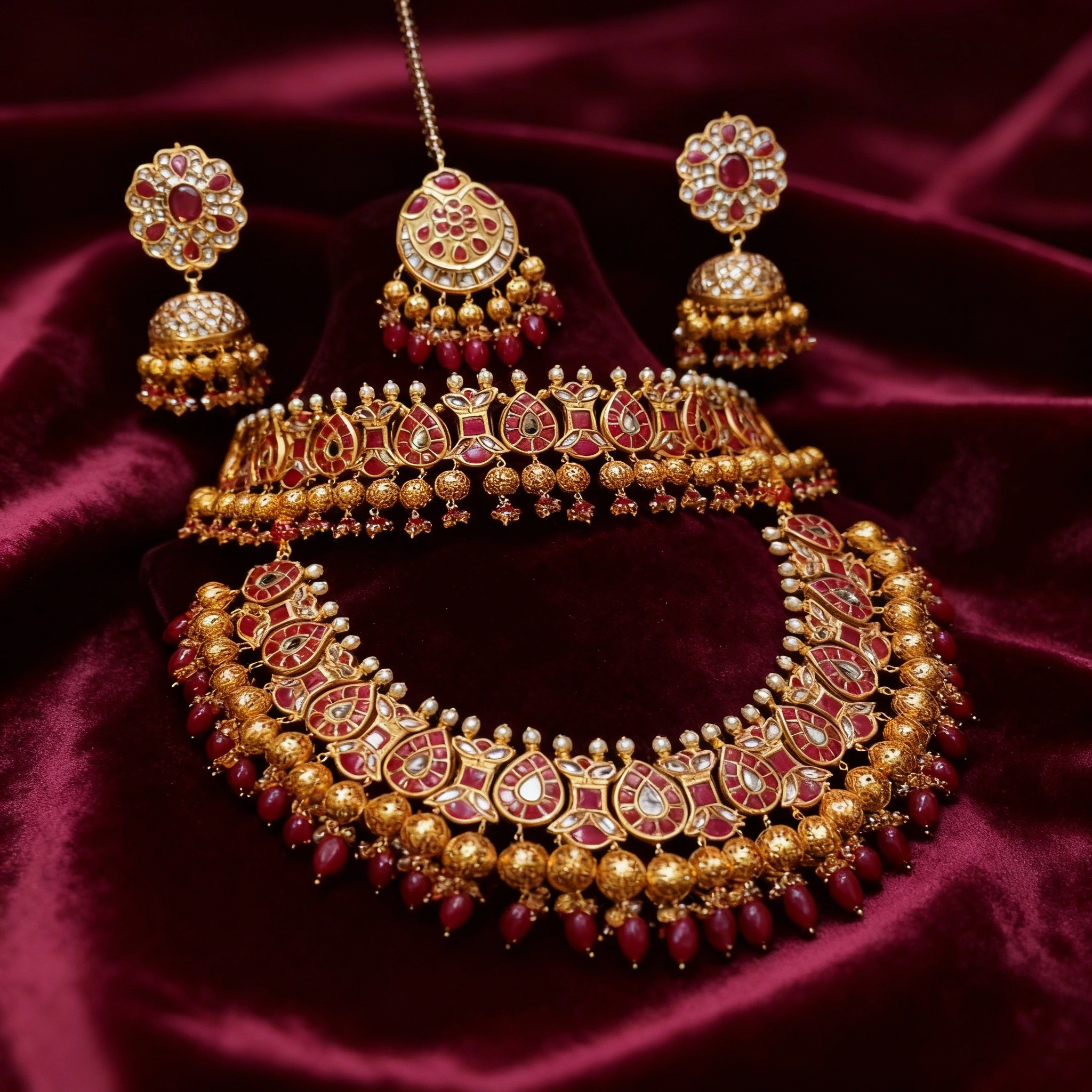 8 Crimson Kundan Bridal Choker Set - Image 1